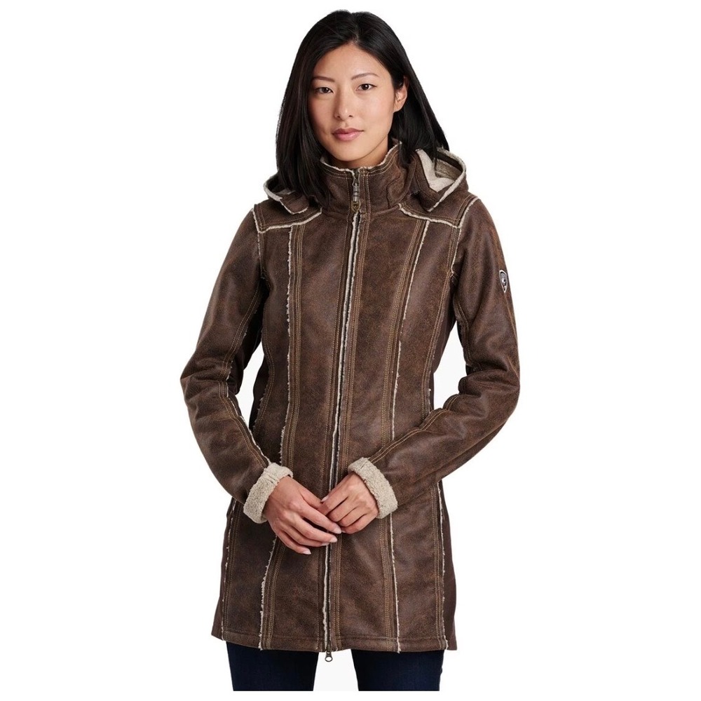 Kuhl Dani Projekt Hooded Jacket Women S Brown Fleece Lined Faux Leather Gorpcore